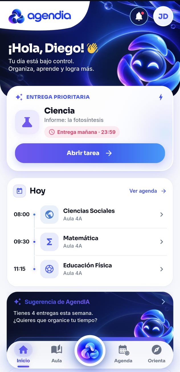 Aplicación AgendIA original con entrega prioritaria, agenda del día y sugerencia contextual